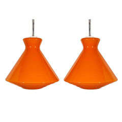 Pair Mod Orange Cased Glass Geometric Pendants