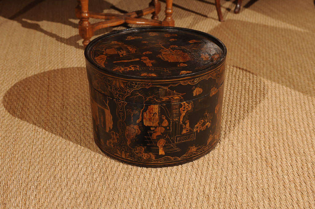 A Chinese 19th century Black Lacquer Chinoiserie Design Hat Box