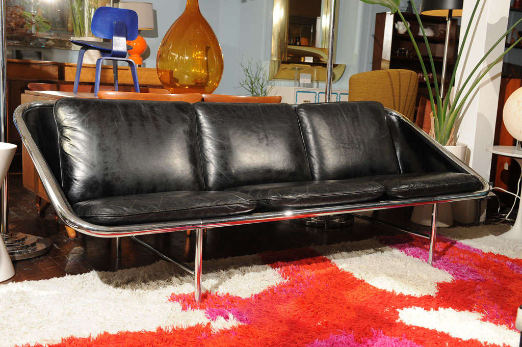 George Nelson design for Herman Miller chrome and black leather sling sofa.