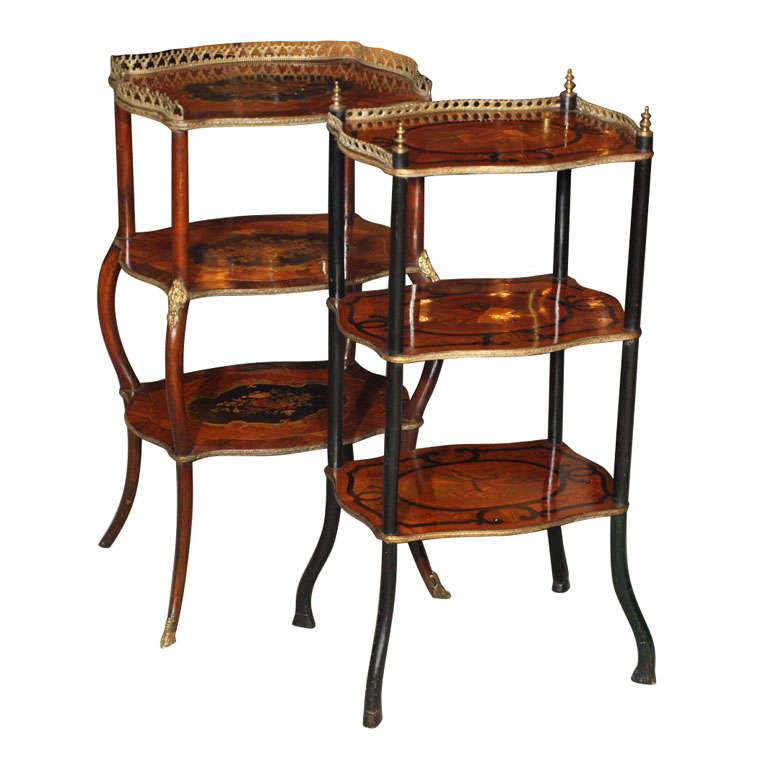 Antique French burl walnut inlaid etagere.