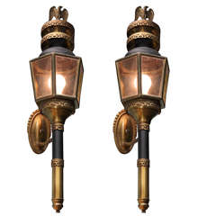 Antique Distinctive pair of Brass Eagle Mount  Finial Coach Lanterns