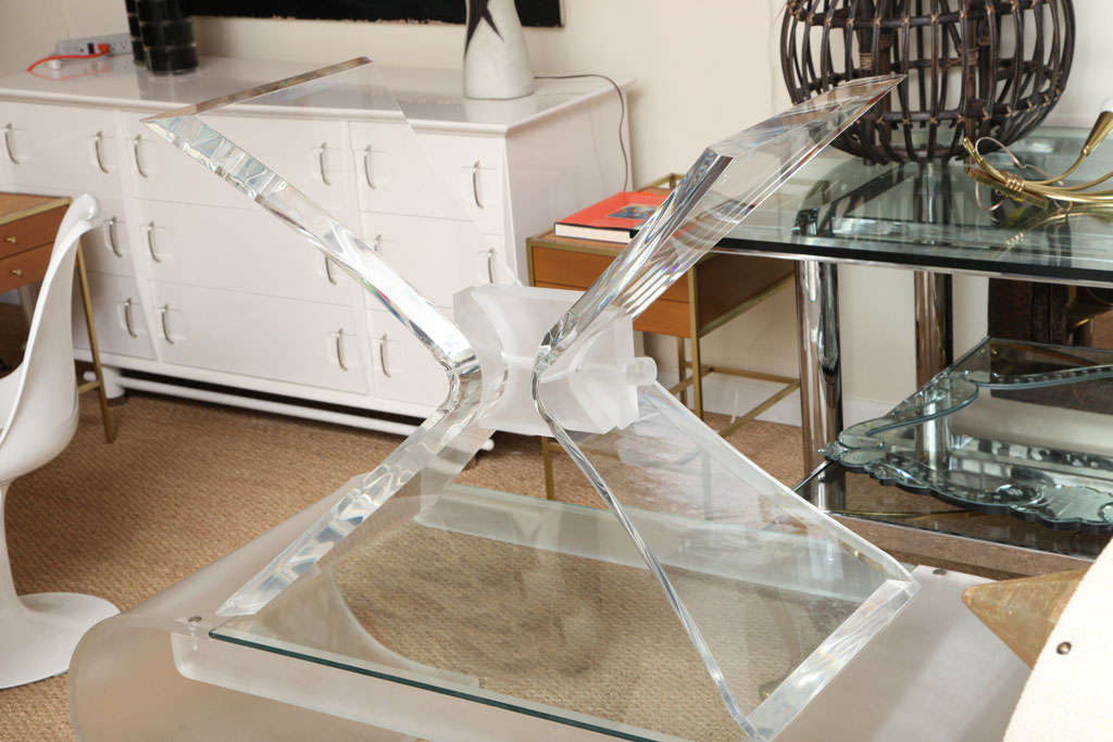 Elegant vintage Lucite base. Glass piece will be cut to custom size as per clients request. Base could be used as console or dining table. Attributed to Leon Frost.