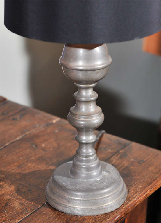 American Antique Pewter Lamp with Silk Shade For Sale