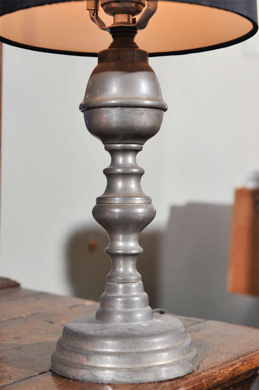 19th Century Antique Pewter Lamp with Silk Shade For Sale