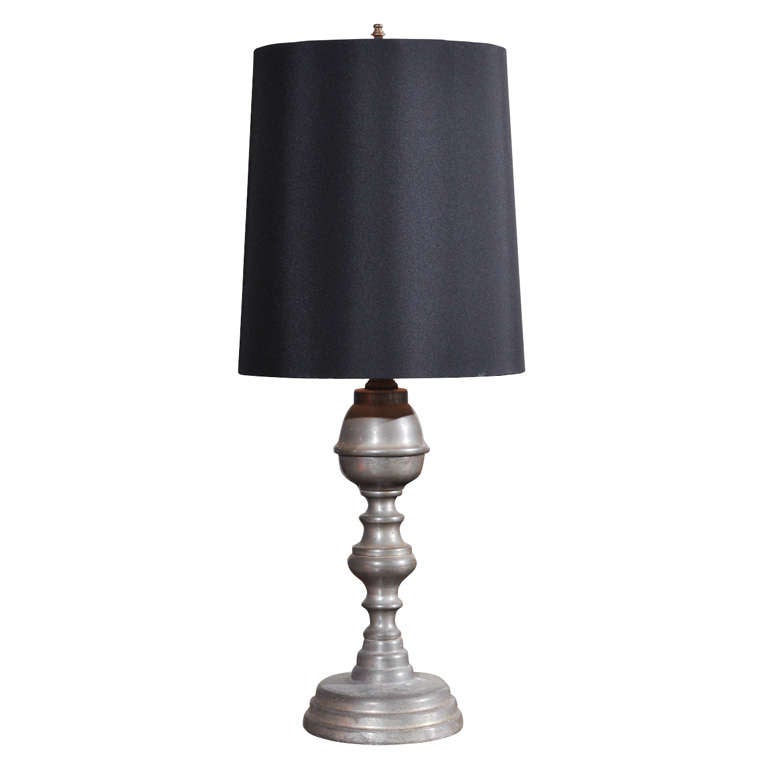 Antique Pewter Lamp with Silk Shade For Sale