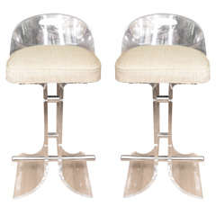 Pair of upholstered lucite bar stools by Charles Hollis Jones
