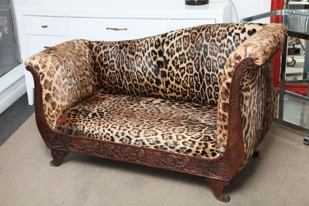 Unique Recamier upholstered with animal skin. Appears to be leopard or jaguar.