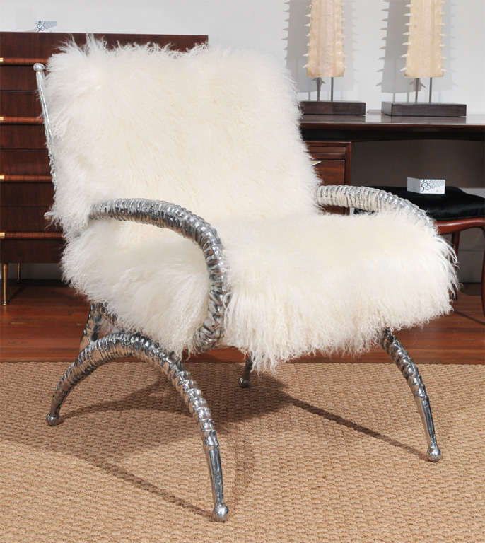 Arthur Court cast aluminum Gazelle chair, completely restored and upholstered in Mongolian wool.