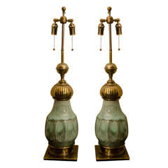 Pair Of Large Stiffle Ceramic And Brass Lamps