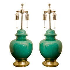 Pair Of Stunning Green Ceramic Lamps
