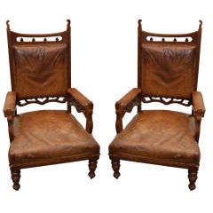 Pair of Gothic Style Leather + Oak Arm Chairs 5