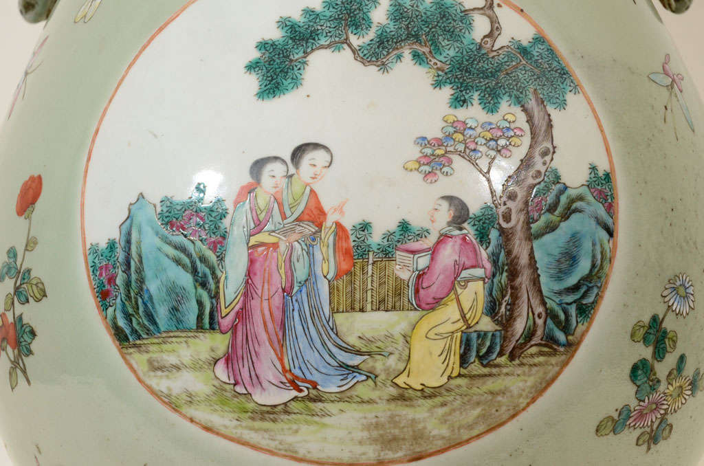 Chinese Impressive Famille Rose Celadon Ground Vase, 19th Century