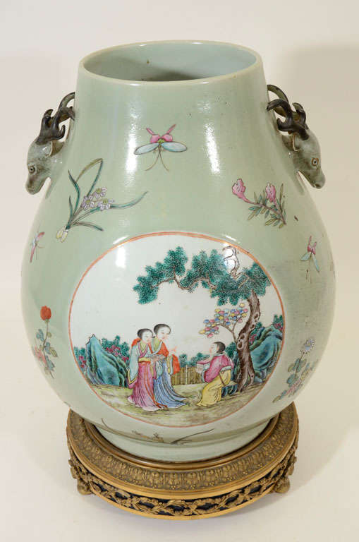 Impressive Famille Rose Celadon Ground Vase, 19th Century 1