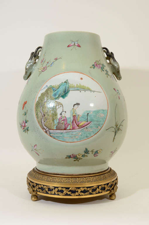 Impressive Famille Rose Celadon Ground Vase, 19th Century 3