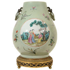 Impressive Famille Rose Celadon Ground Vase, 19th Century