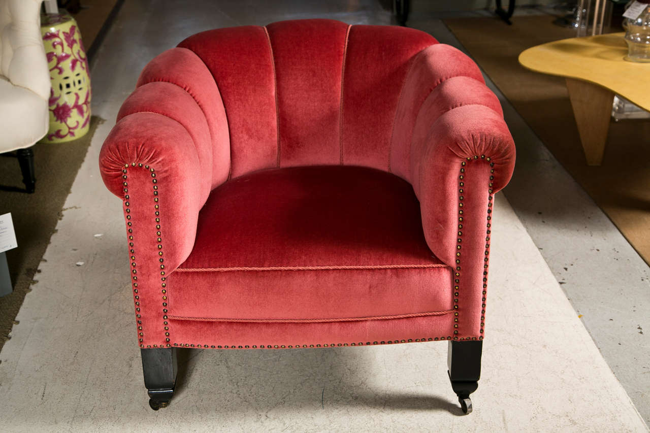 1940's Channel back tub chairs upholstered in Deep Pink fabric with nail head detail.