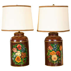 English Victorian Painted Tole Tea Caddy Lamps