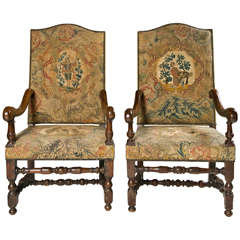 18th c Pr of Continental Walnut Armchairs with Petit Point Upholstery