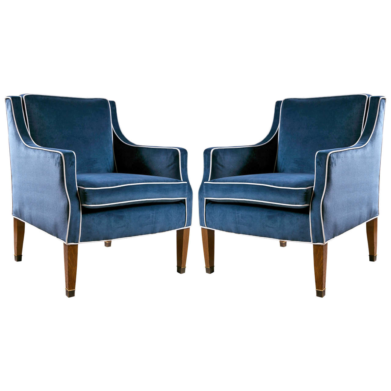 Mid-Century Club Chairs with Blue Velvet Upholstery