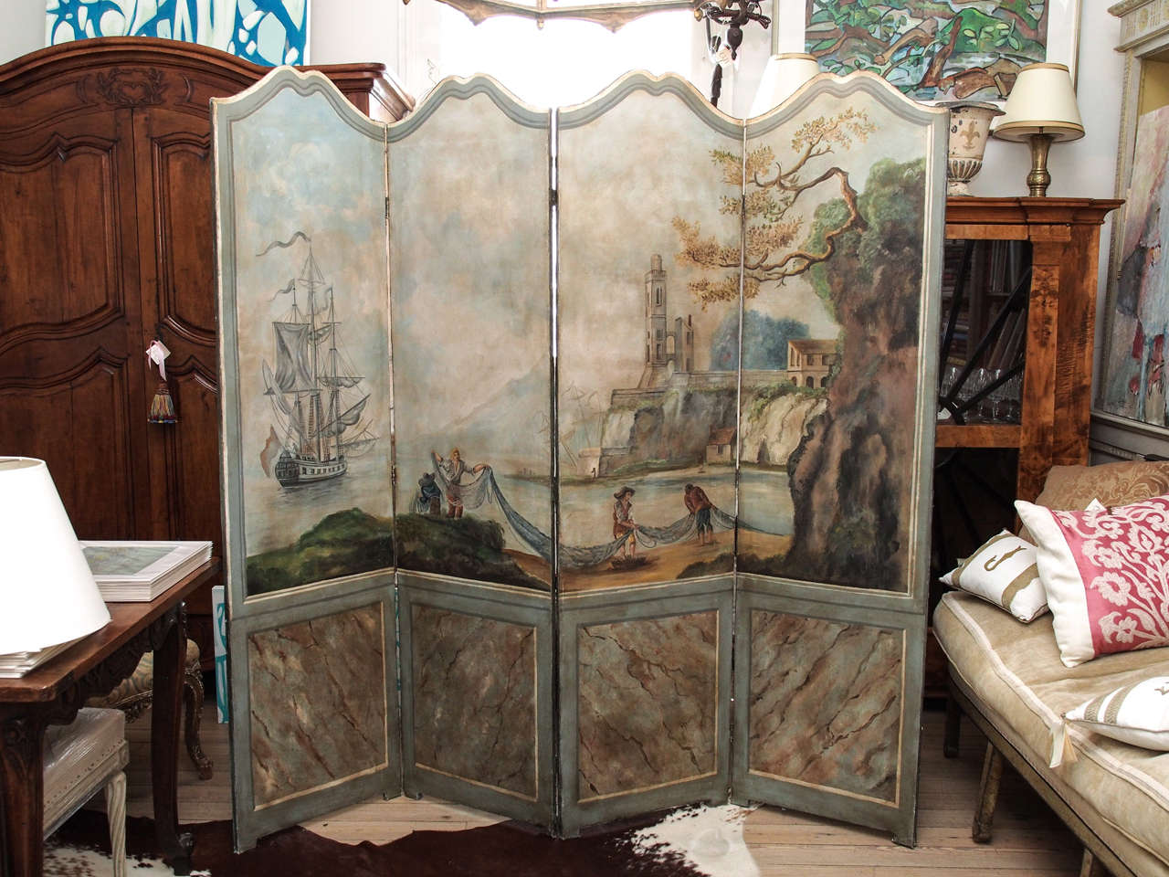 4 Panel Italian Screen with a beautifully painted scene.