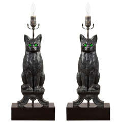 Pair of Antique Andirons "Cat" as Table Lamps