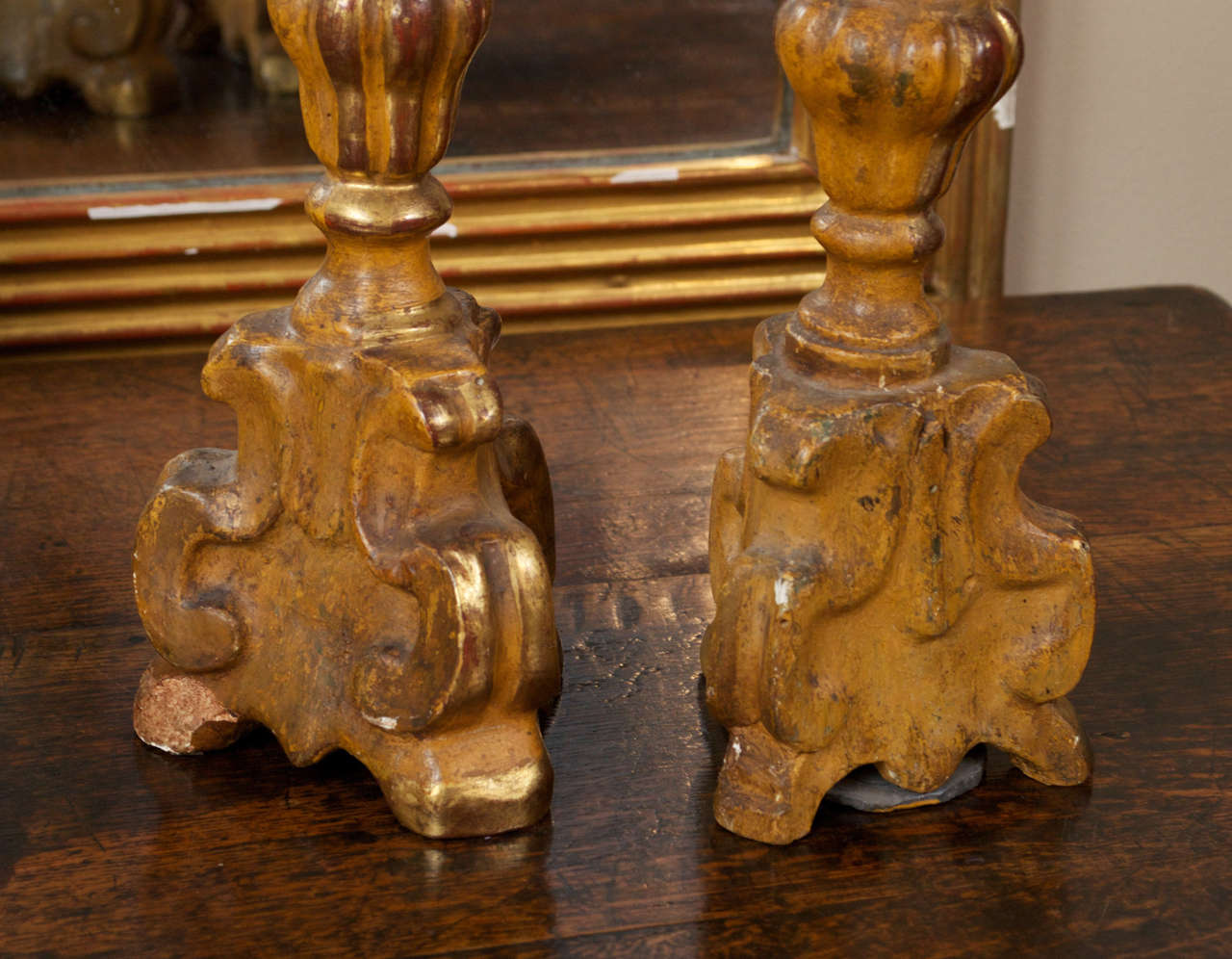 Late 18th Century Pair of Small-Scale Carved Giltwood Candlesticks, French, circa 1780 For Sale