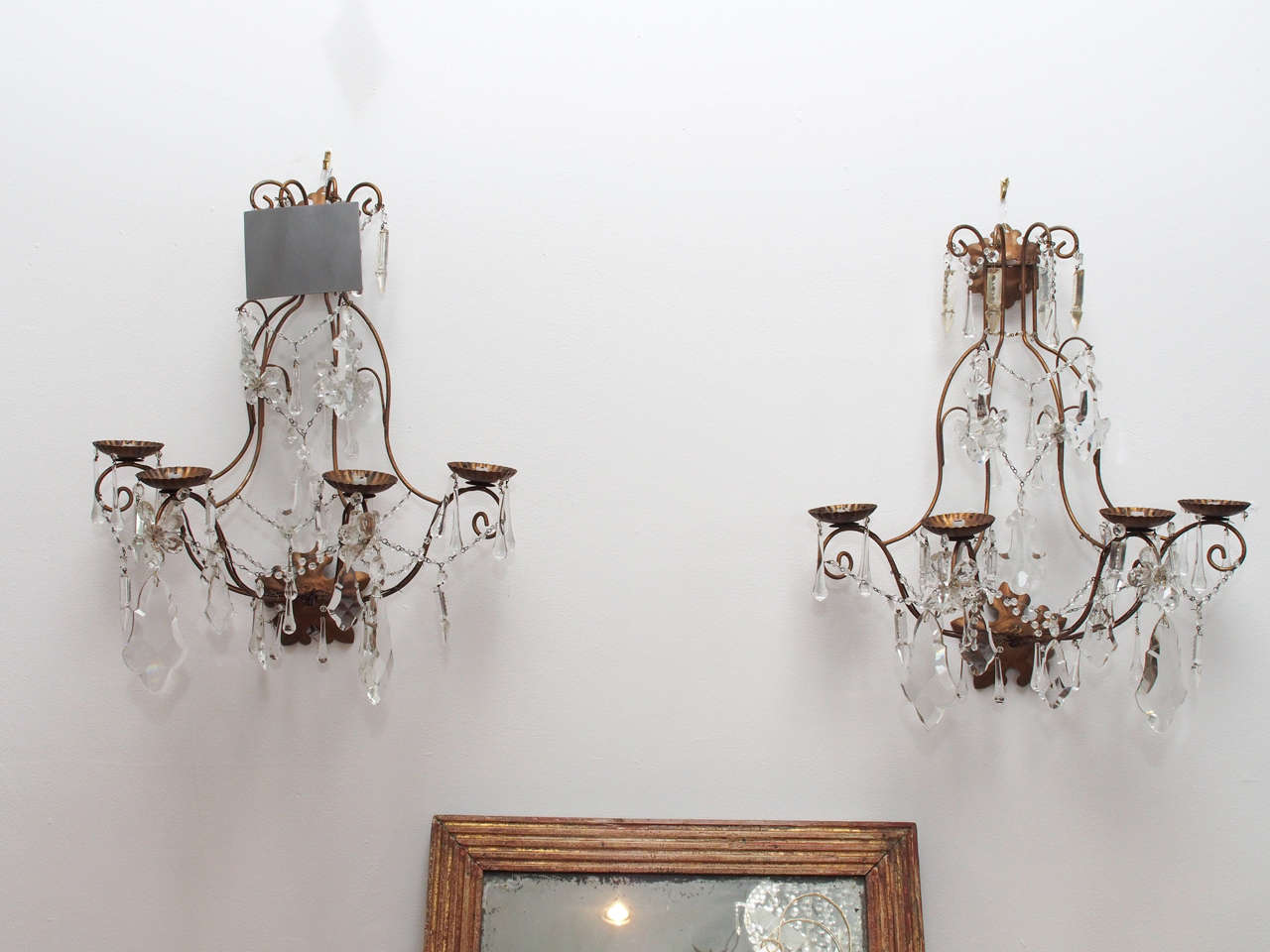Pair Of Italian Tole And Crystal Sconces