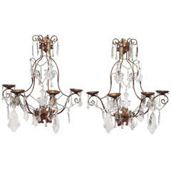 Antique Pair Of Italian Tole And Crystal Sconces