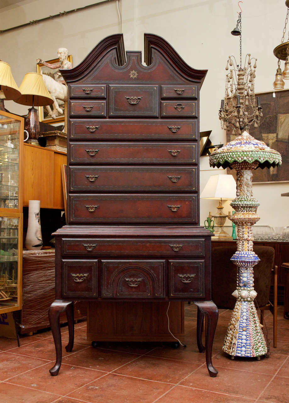 ***Saturday Sale***
A tall Federal style high boy (or chest on chest) in leather by Maitland Smith, mid 20th century. Has 13 drawers, each drawer slides into it's own compartment, broken-arch pediment top, bottom drawer has an inset arch,