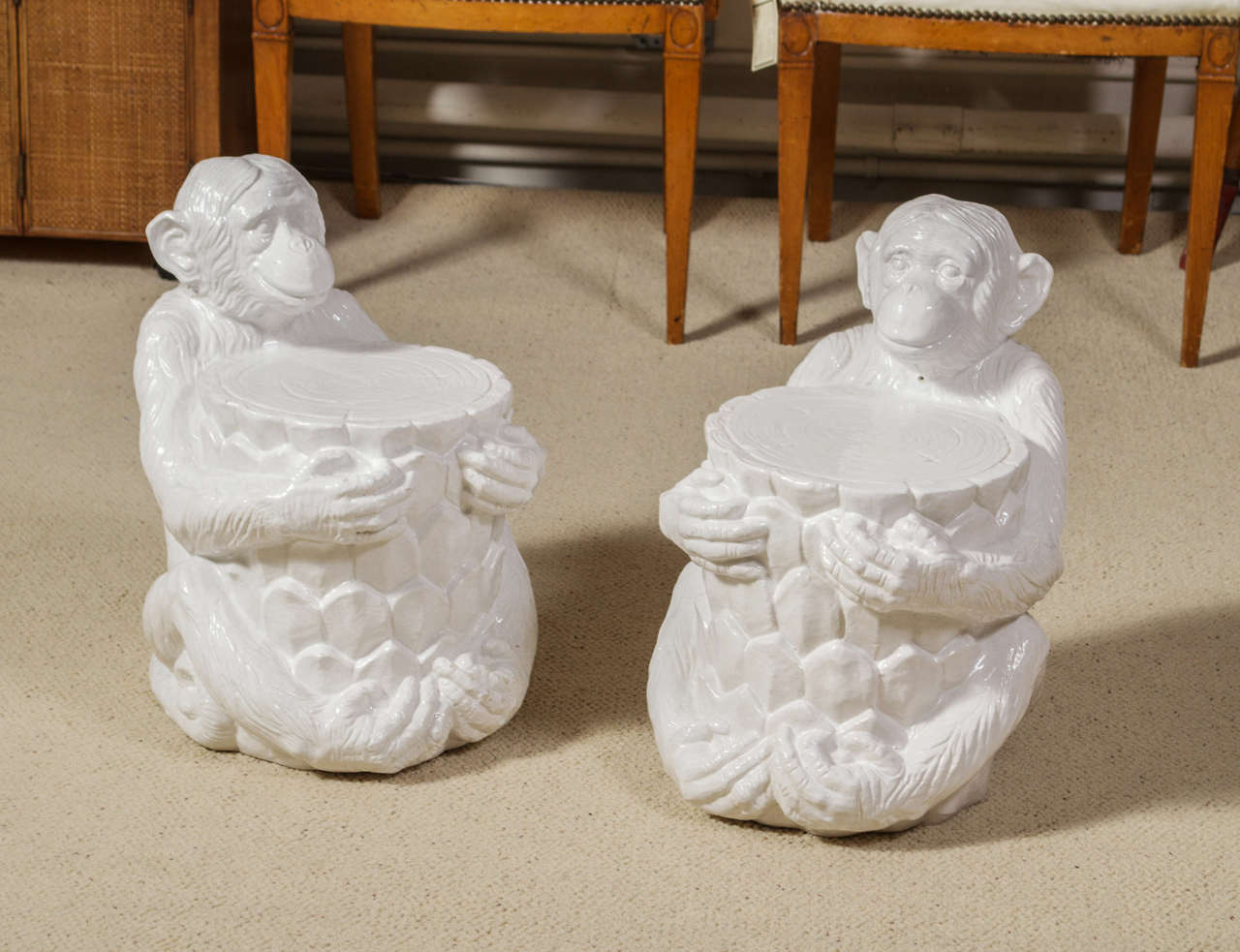 A set of circa 1970's Italian (unmarked) White ceramic monkey garden stools. This pair will liven up your space indoors or out.
Saturday Sale! Price was reduced by 50% from $1,450