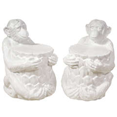 Pair 1970's White Ceramic Monkey Garden Stools