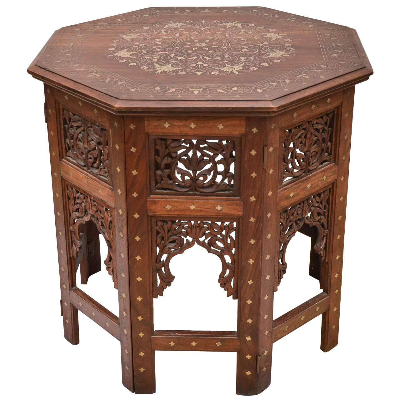 Large Octagonal Indian Teak with Brass Inlay Occasional Table