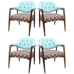4 walnut upholstered arm chairs, USA 1960