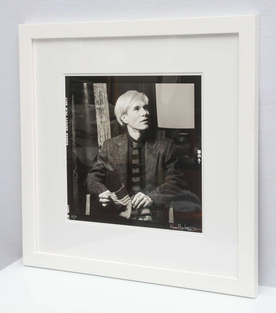 Gorgeous black and white Artists Proof photograph of Andy Warhol at the Factory 1980s New York by Karen Bystedt. Item comes framed.  Unframed, the photo is 15 x 15.