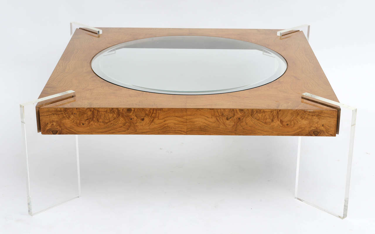 Mid-Century Modern Burl Walnut, Lucite and Glass Low Table, Vladimir Kagan