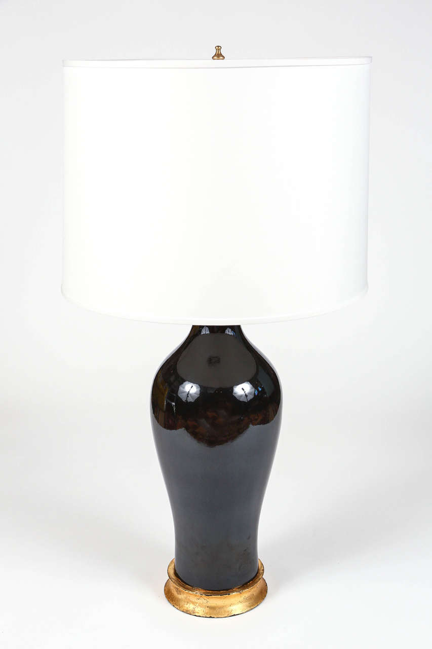 Pair of Black Glass Lamps with Drum Shades