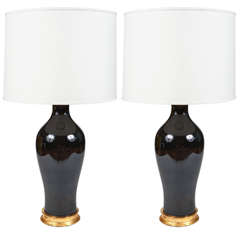 Pair of Black Glass Lamps with Drum Shades