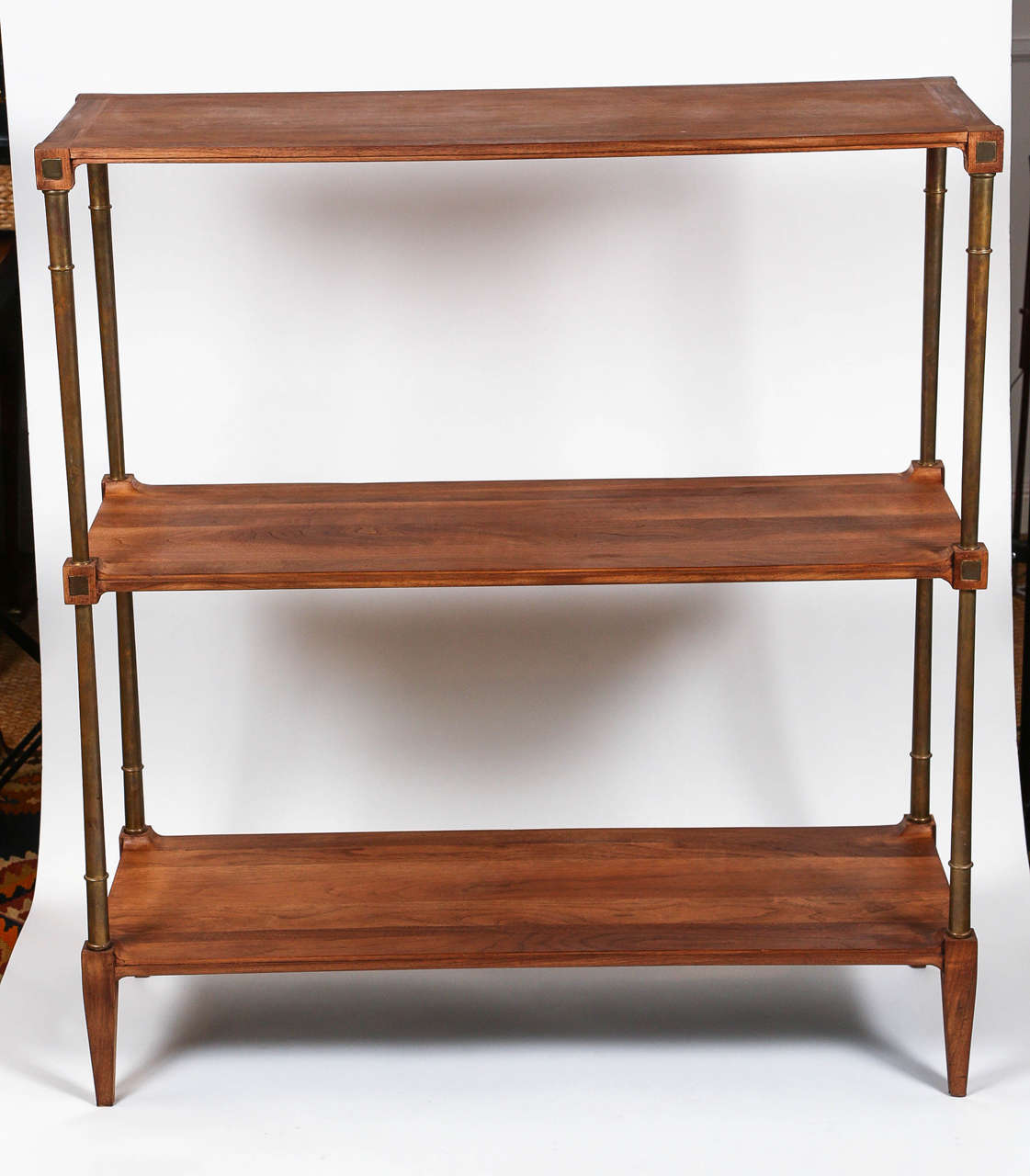 Mid-Century style three-shelf étagère with un-lacquered brass hardware by KB Bespoke. Made in Los Angeles.