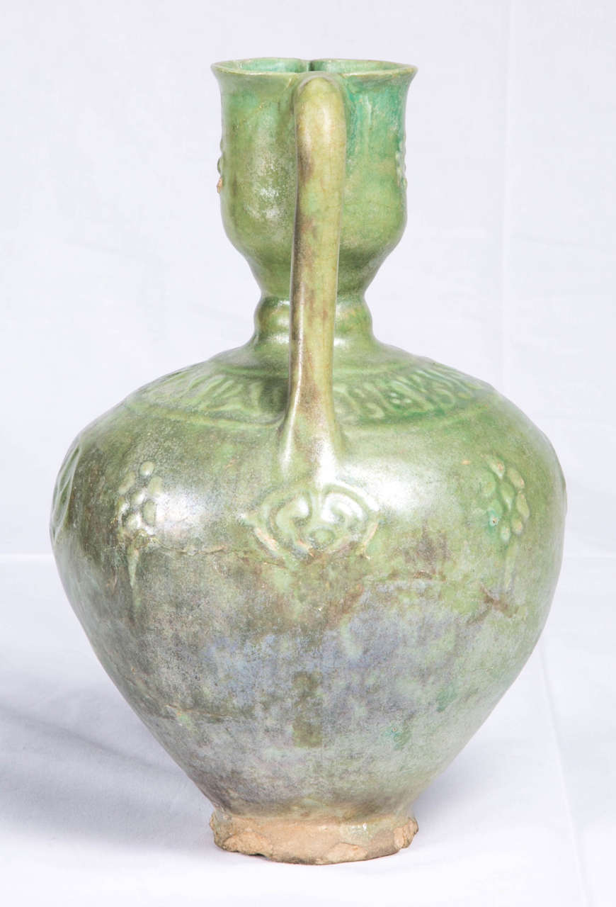 Persian 14th Century Islamic Ilkhanid Green Glazed Ewer For Sale