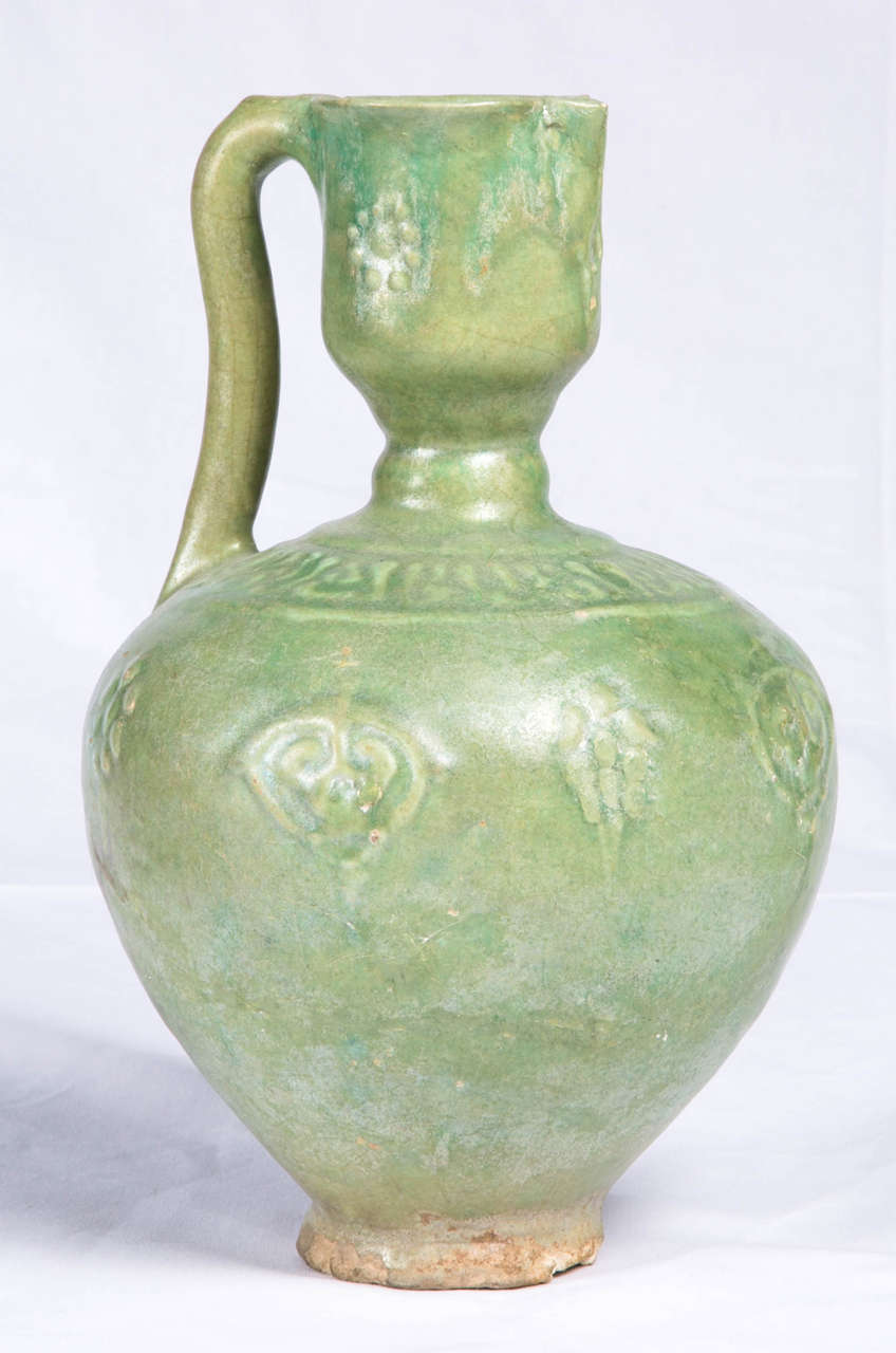 14th Century Islamic Ilkhanid Green Glazed Ewer For Sale 5