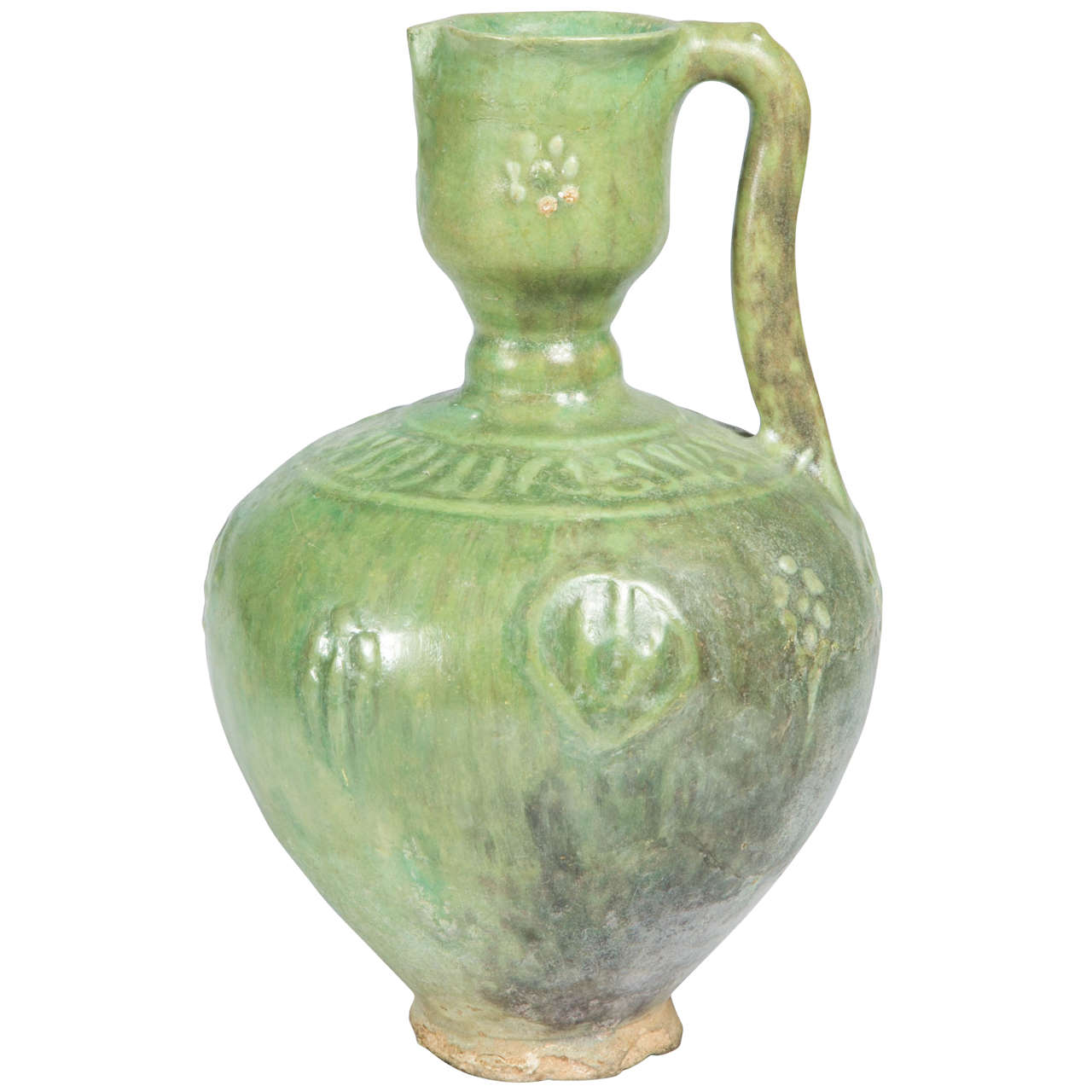 14th Century Islamic Ilkhanid Green Glazed Ewer For Sale