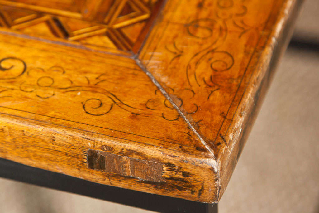 19th Century Iron Side Table with Antique Mongolian Inlay Wood Tile For Sale