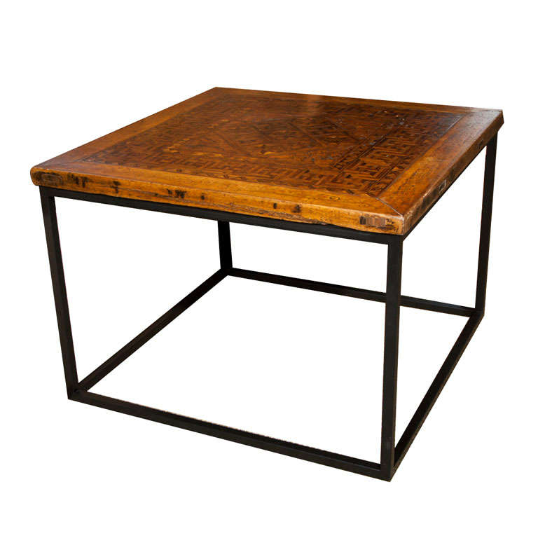 Iron Side Table with Antique Mongolian Inlay Wood Tile For Sale