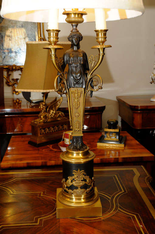 French 19thc Empire patinated bronze and bronze dore candleabrum lamps For Sale