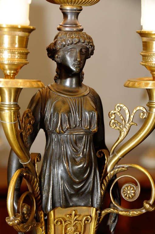 19thc Empire patinated bronze and bronze dore candleabrum lamps In Excellent Condition For Sale In Dallas, TX