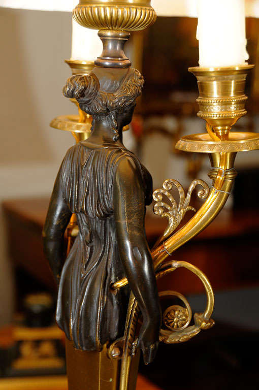 19thc Empire patinated bronze and bronze dore candleabrum lamps For Sale 1