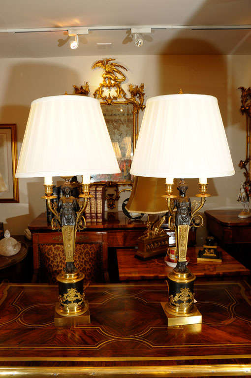 19th c Empire bronze and bronze dore Empire candleabrum lamps