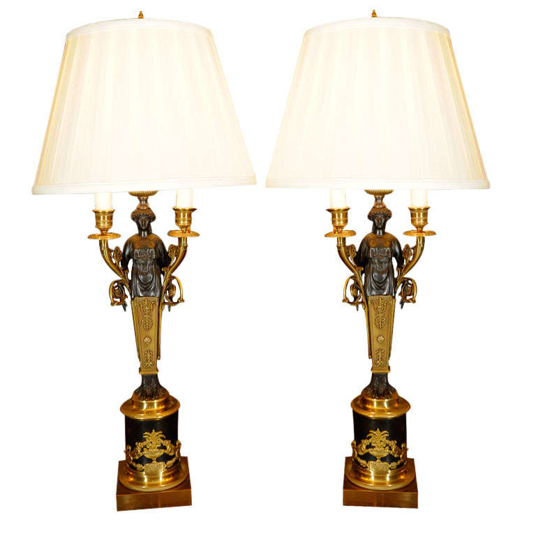 19thc Empire patinated bronze and bronze dore candleabrum lamps For Sale
