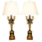 19thc Empire patinated bronze and bronze dore candleabrum lamps