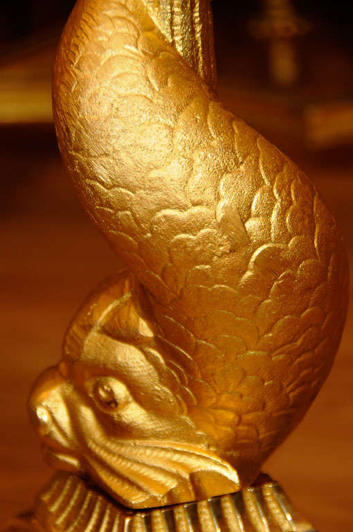 Bronze pr of large 19th c Dolphin andirons